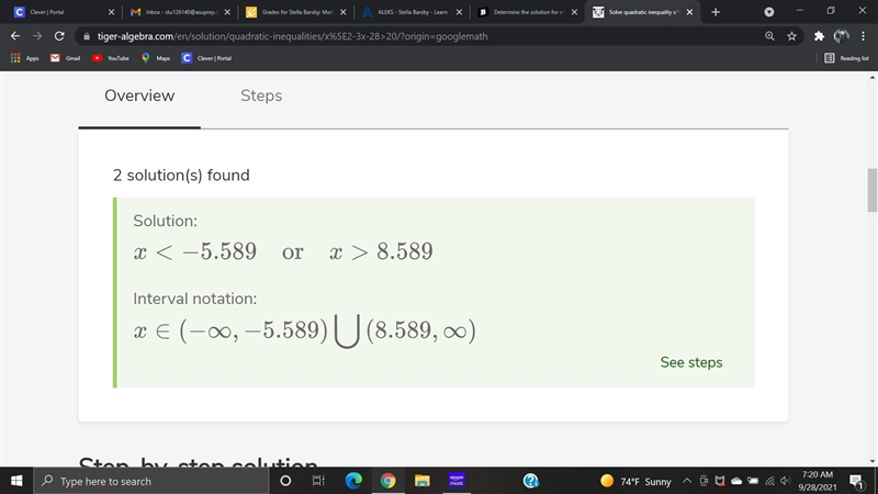 Determine the solution for x^2- 3x – 28>20-example-1