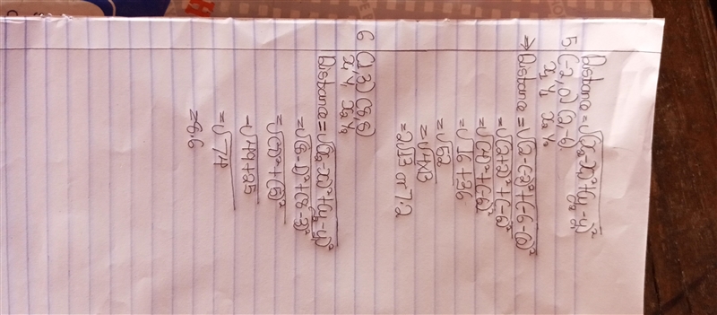 HELP PLEASE! Find the distance between each pair of points. 5) (-2, 0), (2, -6) 6) (1,3), (8,8)​-example-1