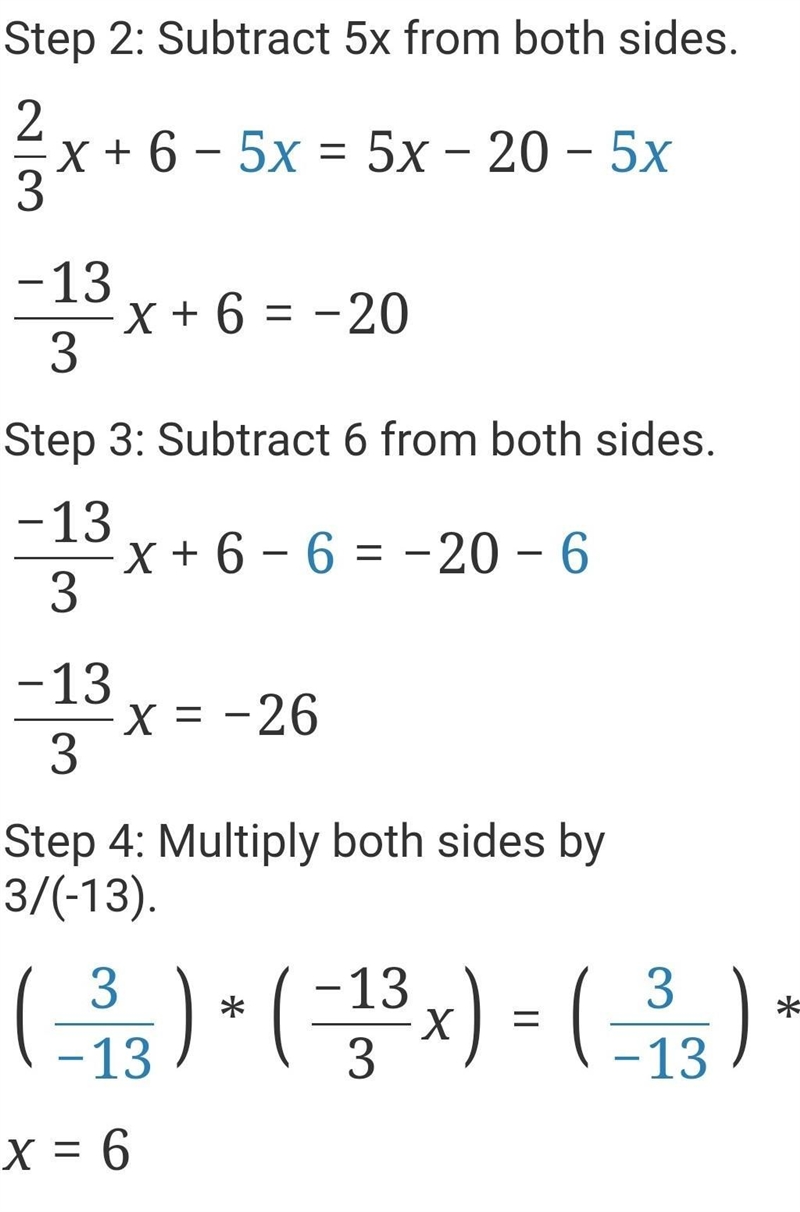 Solve the equation 2/3(9+x)=−5(4−x).-example-2