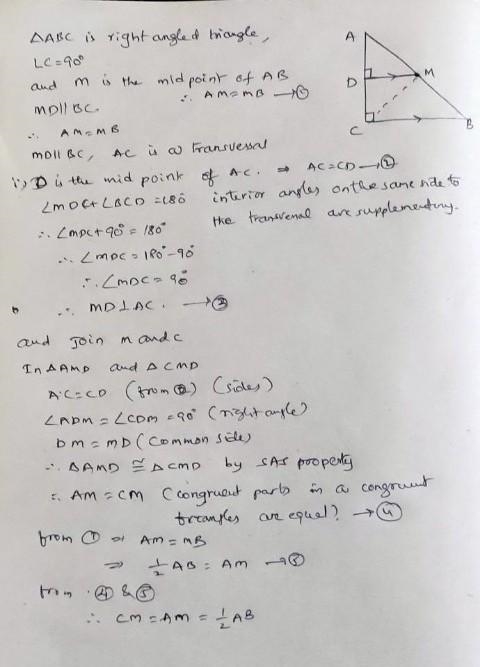 Q.10). ABC is a triangle right angled at C. A line through mid point M of hypotenuse-example-1