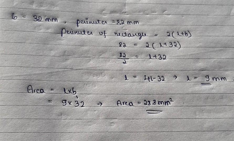 Work out the area of a rectangle with base, b = 32mm and perimeter, P = 82mm.​-example-1