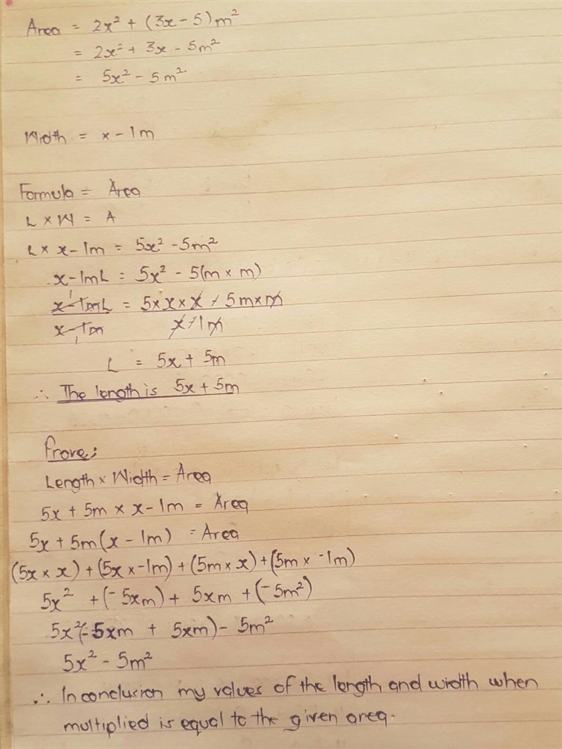 If tha area of a swimming pool is 2x^2+〖3x-5〗^sqm. If the width of a swimming pool-example-1