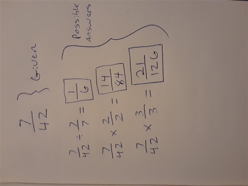 Three equivelent fractions for 7/42-example-1