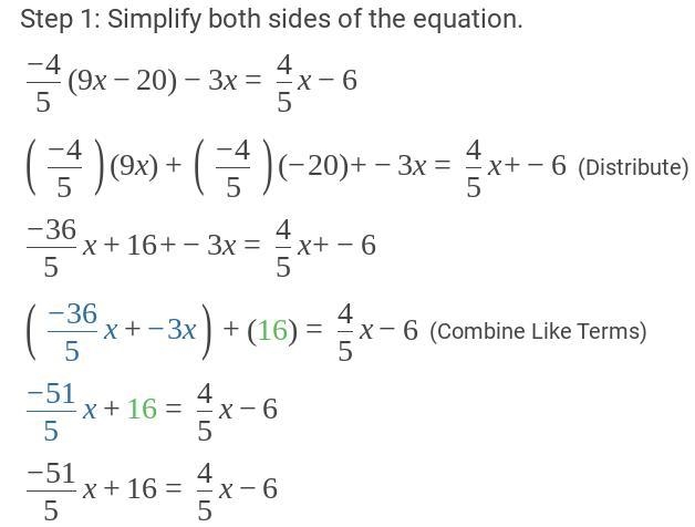 An equation is shown. – 4/5 (9 x – 20) – 3 x = 4/5 x – 6 Choose the value of x that-example-1