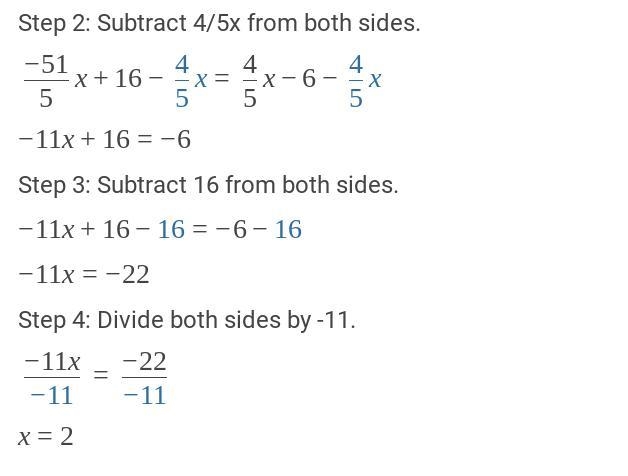 An equation is shown. – 4/5 (9 x – 20) – 3 x = 4/5 x – 6 Choose the value of x that-example-2