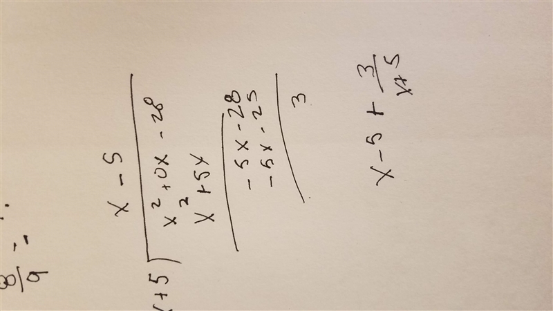 Divide the polynomials. Your answer should be in the form p(x) + k/x+5 where p is-example-1