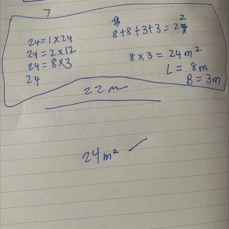 A piece of wire 22m long is bent to form a rectangle of area 24m² find the length-example-1