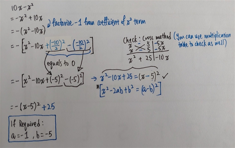 Express 10x - x^2 in the form a - (x + b)^2-example-1