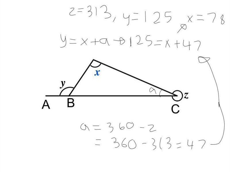 A b and c lie on a straight line given that angle y = 125 and angle z = 313 work out-example-2