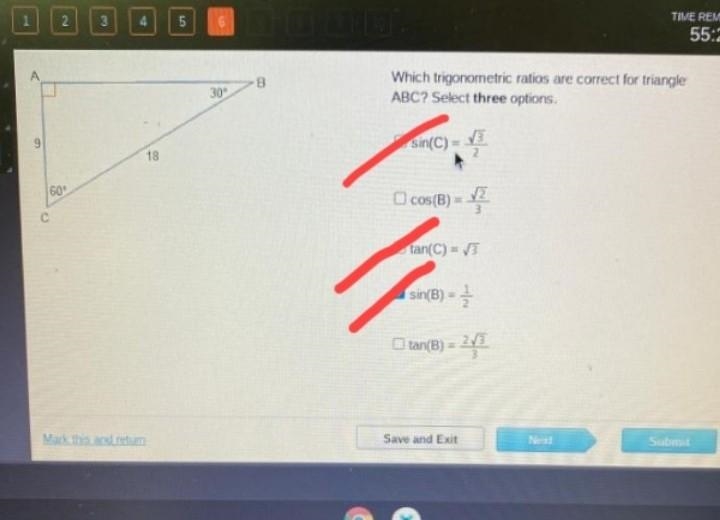 Which migonometric rates are comect for mangle ABC? Select three options-example-1