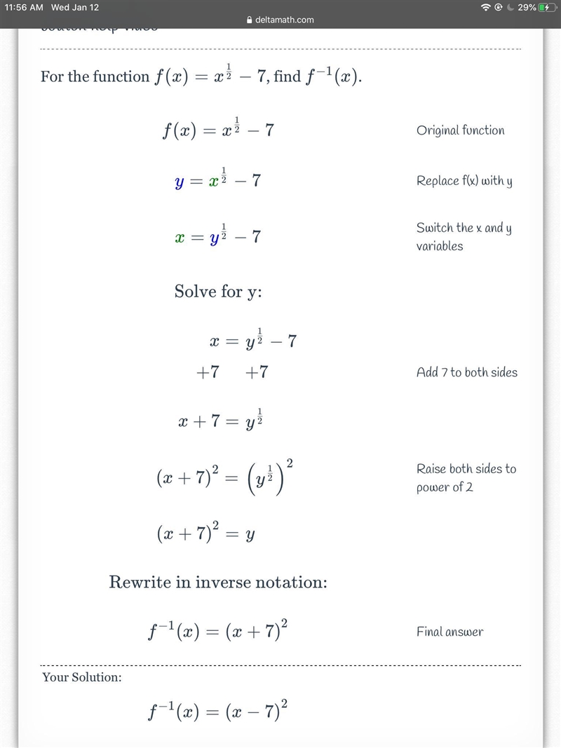 For the function f(x)= x^1/2 – 7, find f^-1(x).-example-1