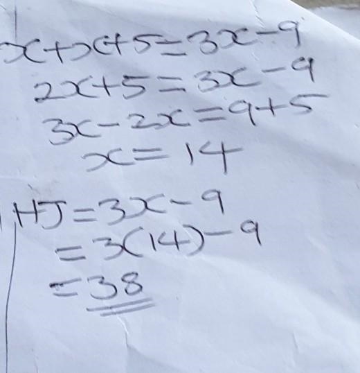 Point I is on line segment HJ. Given HI = x, HJ = 3x- 9, and IJ = x + 5, determine-example-1