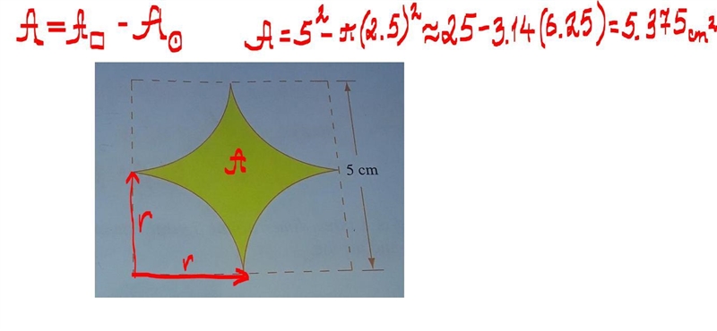 The figure above shows a square of side 5 cm from which four quadrants are cut out-example-1