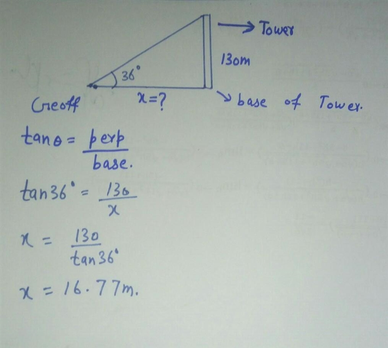 From a point on the ground, Geoff measures the angle of elevation of a 130m tower-example-1