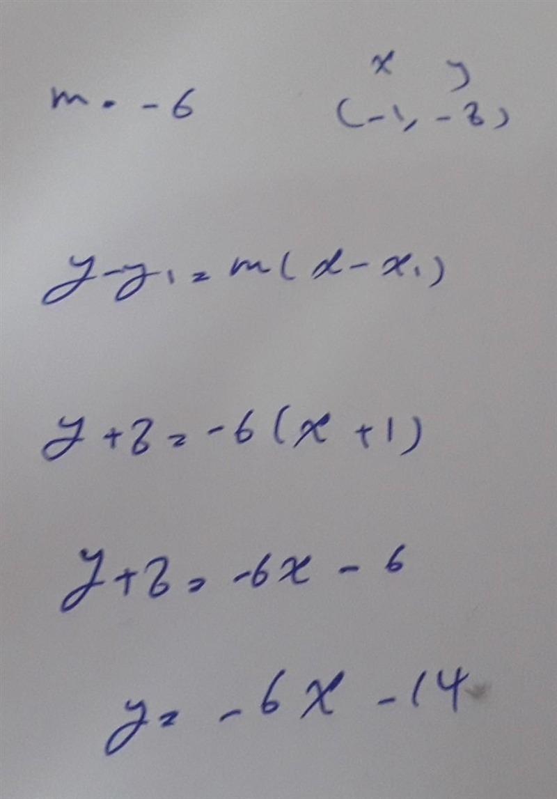 Write the equation of the line in slope-intercept form. slope = -6; passes through-example-1