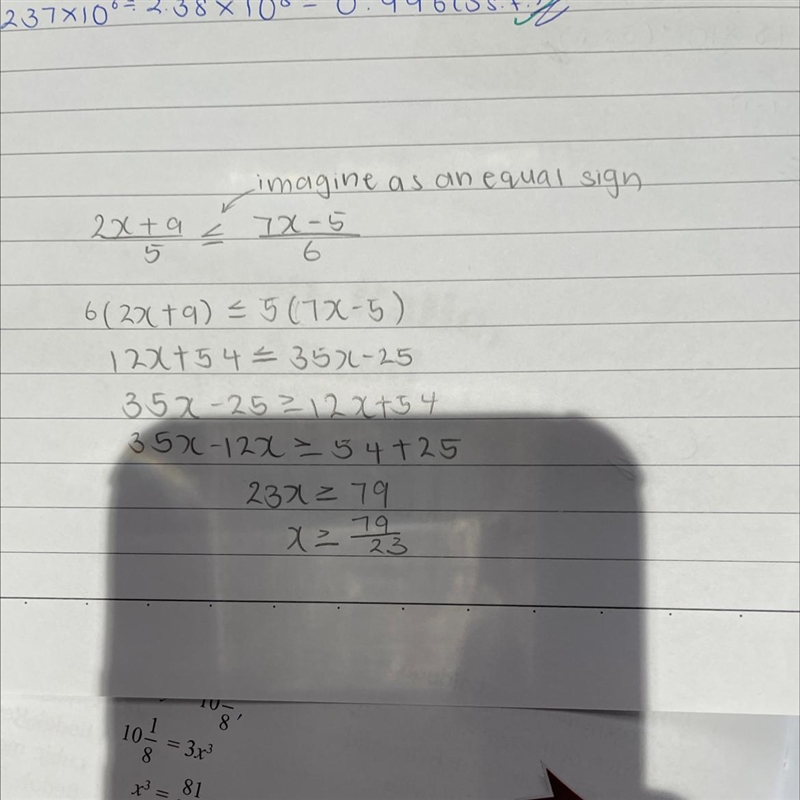 Solve for X (2x+9)/(5) \leq (7x-5)/(6) Give answer as an improper fraction in its-example-1