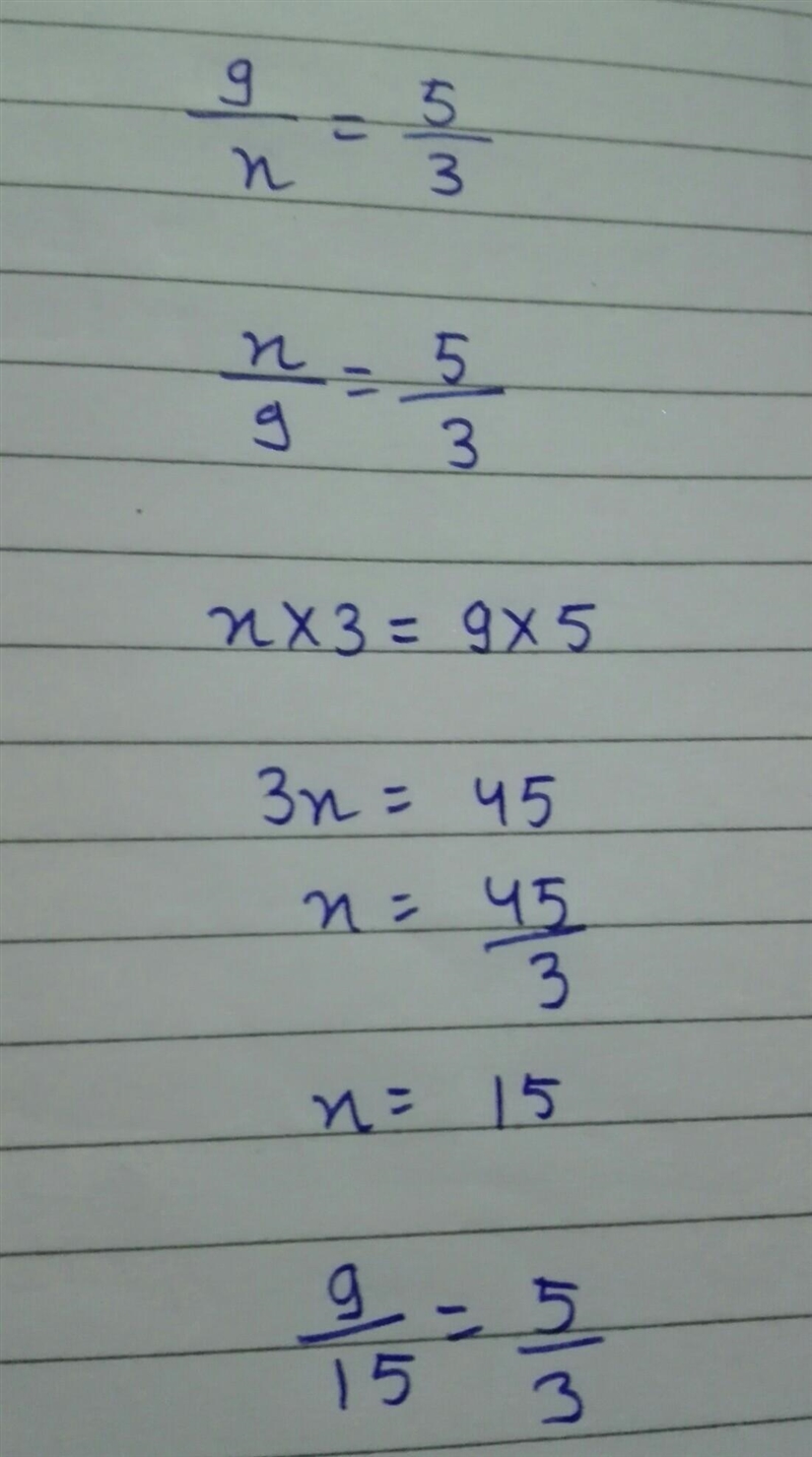 Solve the following proportion for x. 9 5 х 3 Round your answer to the nearest tenth-example-1