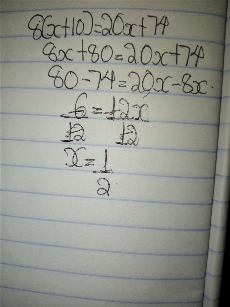 8(x+10) = 20x+74 solve for x please show the work-example-1