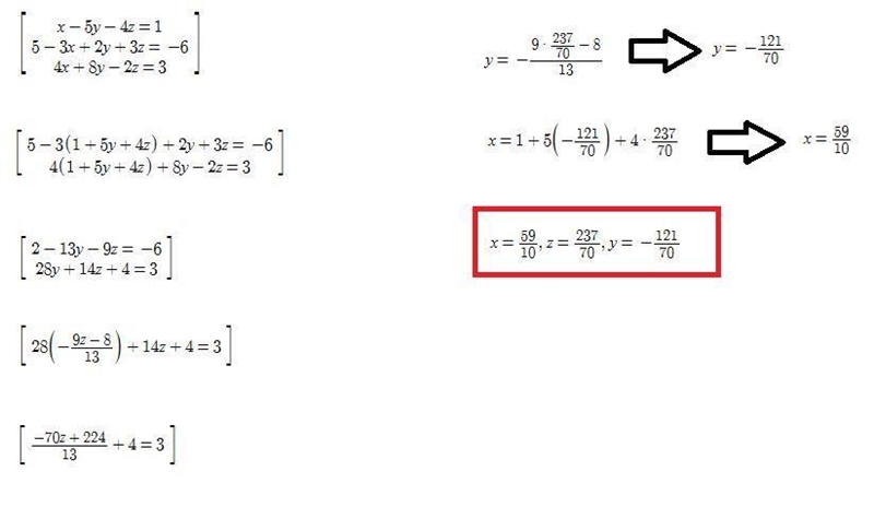 Solve this system of equations with matrices. x – 5y – 4z = 15 -3x +2y + 3z = -6 4x-example-1