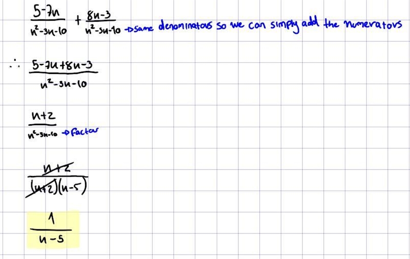 Find f(x) + g(x) f(x) = 5-7X/X^2-3x-10 g(x) = 8x-3/X^2-3x-10-example-1