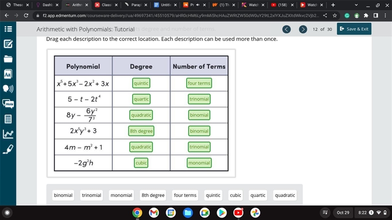 Classify each polynomial based on its degree and number of terms. Drag each description-example-1