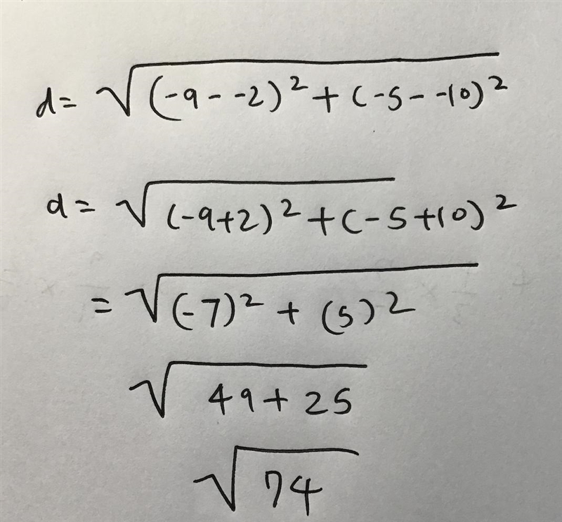 Find the distance between the points (-2, -10) and (-9,-5) on a coordinate plane.-example-1