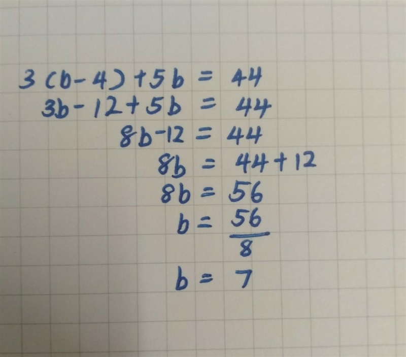 Solve for b. 3 ( b - 4 ) + 5b = 44 b =-example-1