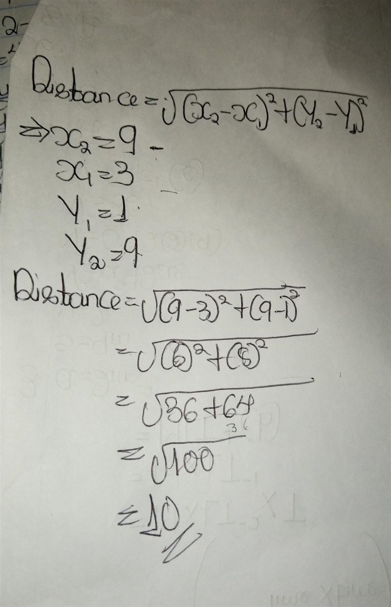 Find the distance between the points (3, 1) and (9, 9).-example-1