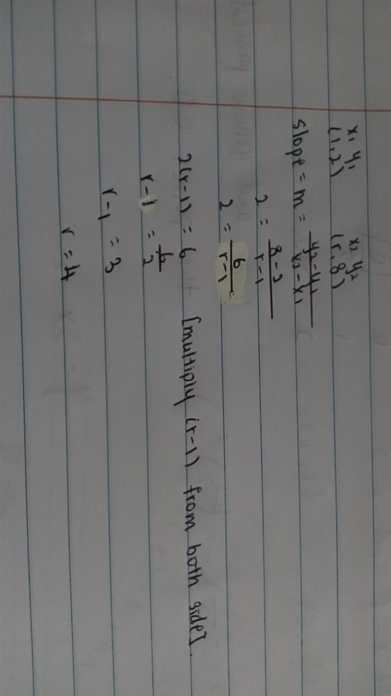 If a line goes through Point (1,2) and has a slope of 2 then find R if the line also-example-1