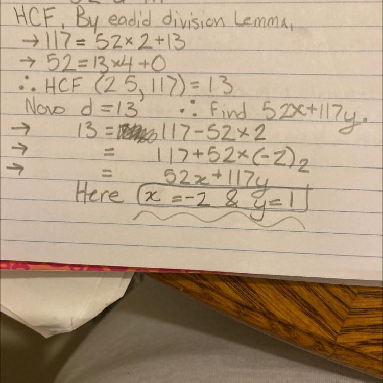 Find the hcf of 52 and 117 and express it in the form of 52x + 117y​-example-1