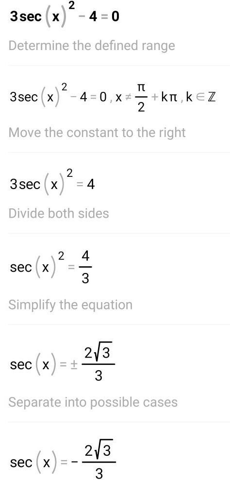 Solve the equation on the interval [0, 2π). 3(sec x)^2 -4=0-example-1