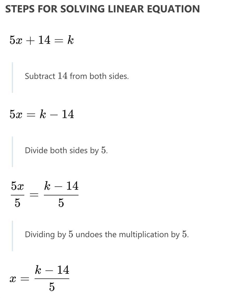 Solve: 5x + 14 = k for x-example-1