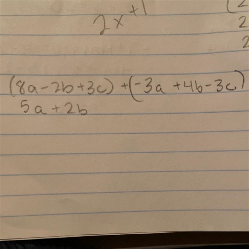 Find the sum of 8a –2b + 3c and –3a +4b –3c ​-example-1