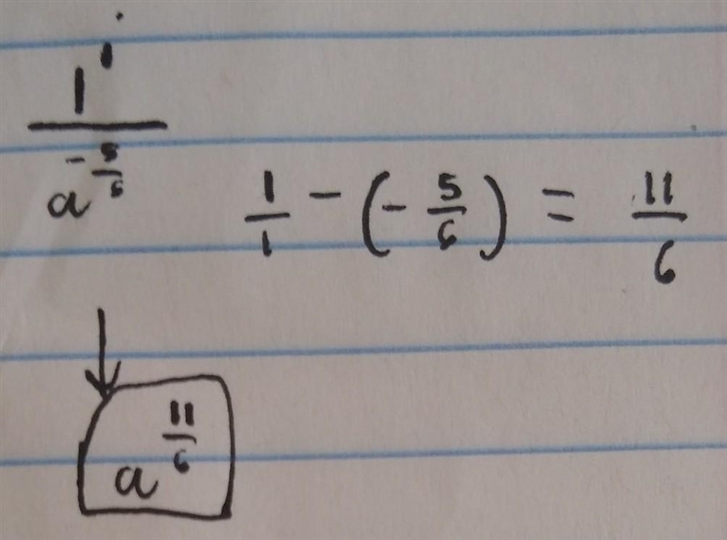 Rewrite the expression in the form a^n. 1/a^-5/6-example-1