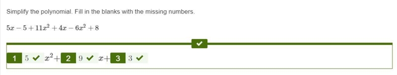 PLEASE HELP! Simplify the polynomial. Fill in the blanks with the missing numbers-example-1