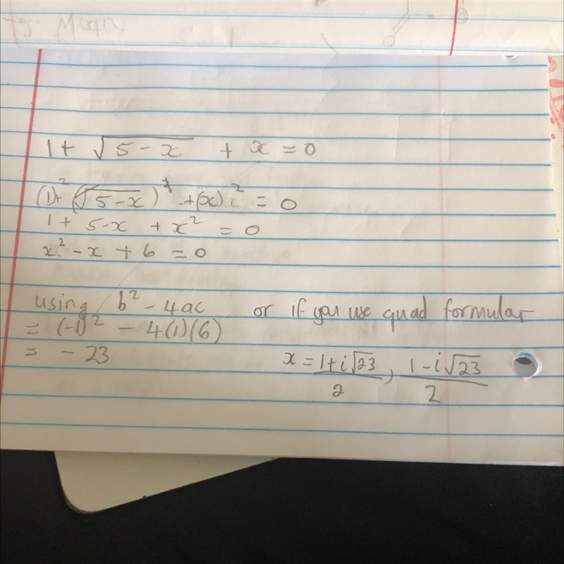 Solve for x 1 + √(5 - x) + x = 0 ​-example-1