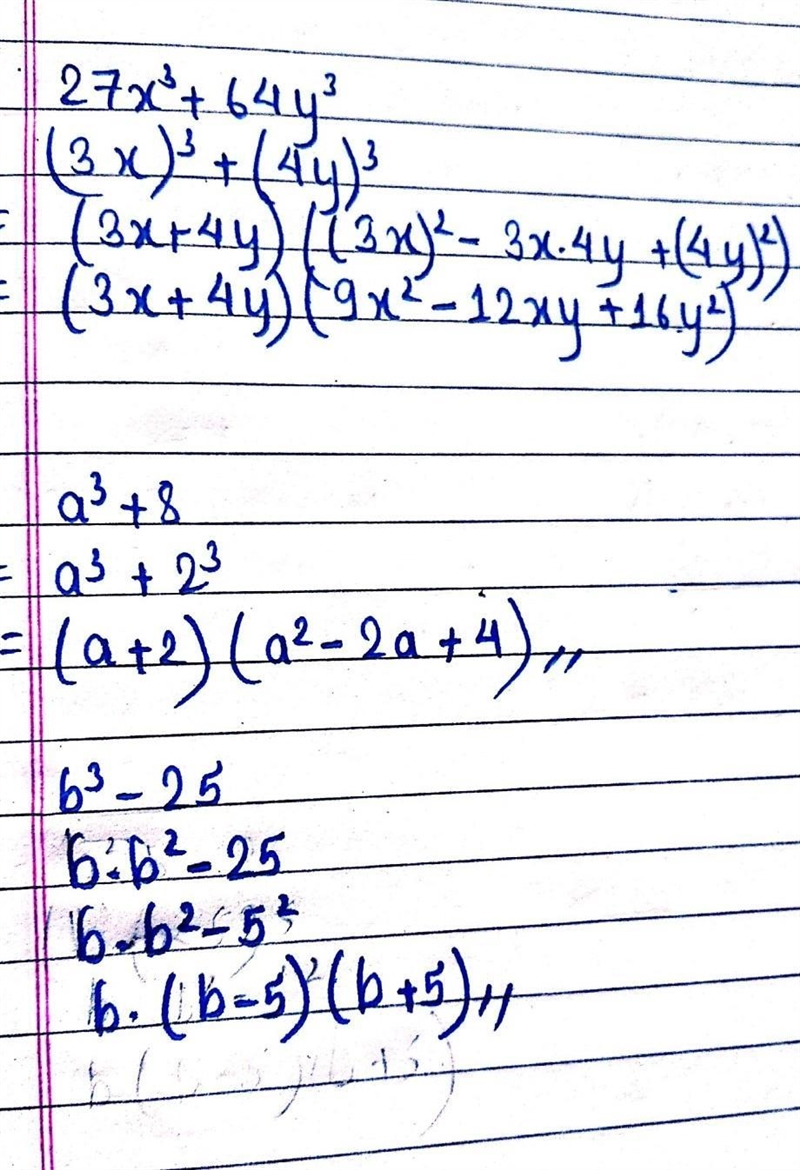 Activity 1. 3 Factor Me! Direction: Factor the following. 1. 27x3 + 64y3 2. a3 + 8 3. b-example-1