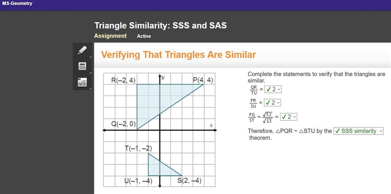 On a coordinate plane, triangles P Q R and S T U are shown. Triangle P Q R has points-example-1