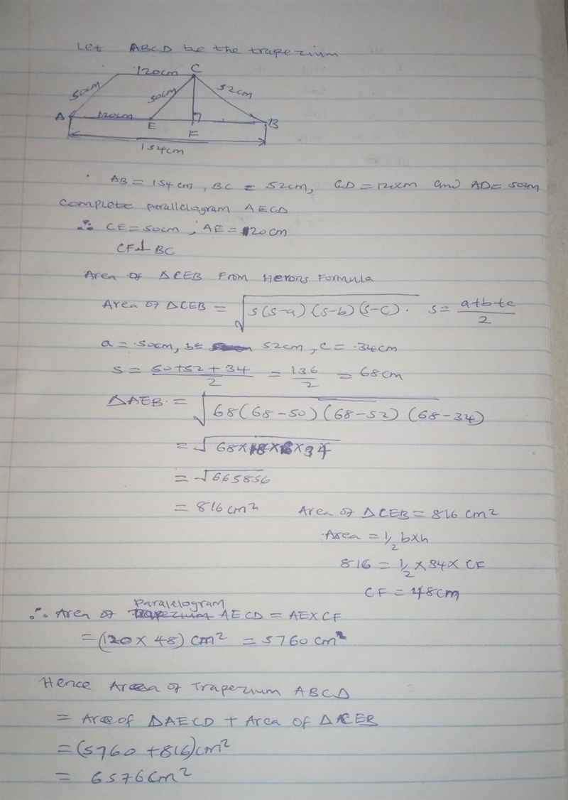 Two parallel sides of a trapezium are 120 cm and 154cm and the other sides are 50 cm-example-1