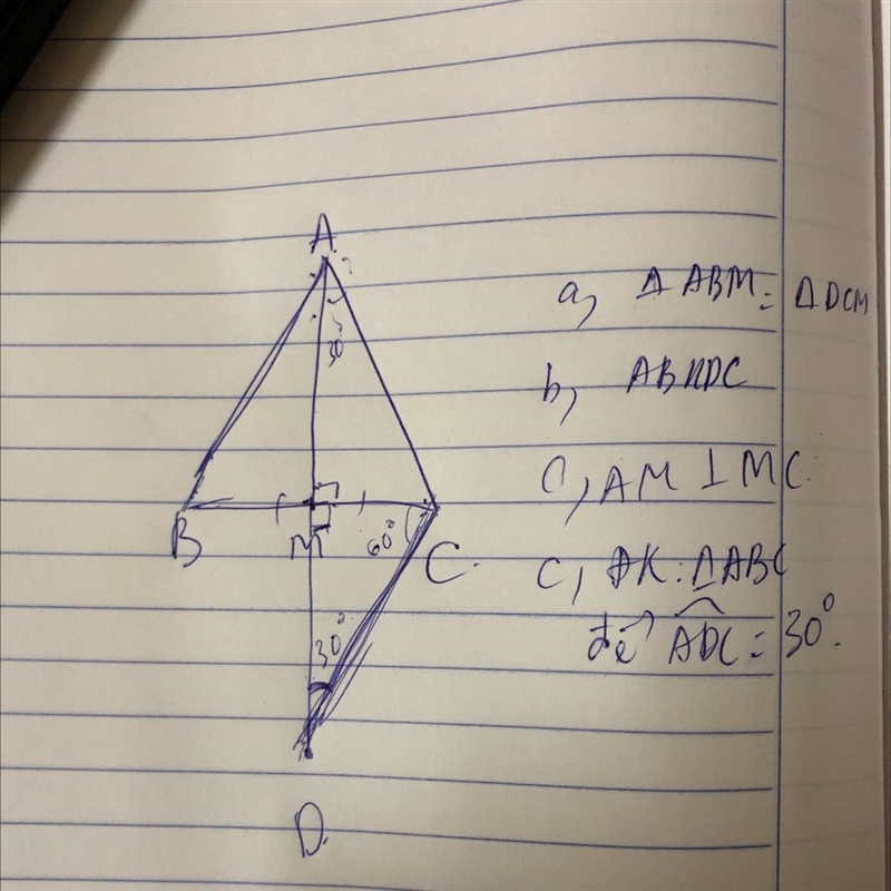 Bài 2: Cho ∆ABC có AB AC = , M là trung điểm của BC . Trên tia đối của tia MA lấy-example-1