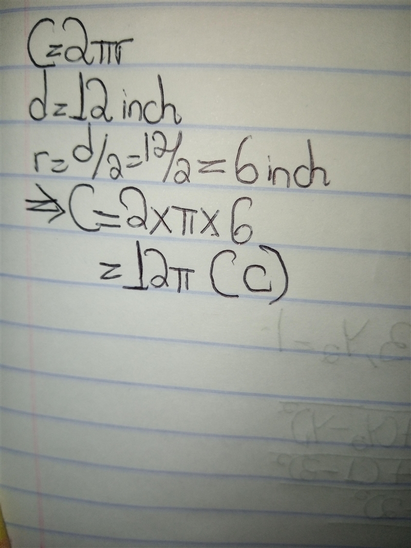 What is the circumference of a 12-inch diameter pizza? Leave the answer in terms of-example-1