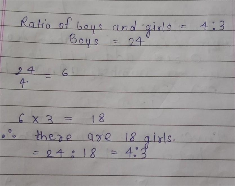 The ratio of boys to girls is 4 :3,if there are 24boys and how many girls will be-example-1