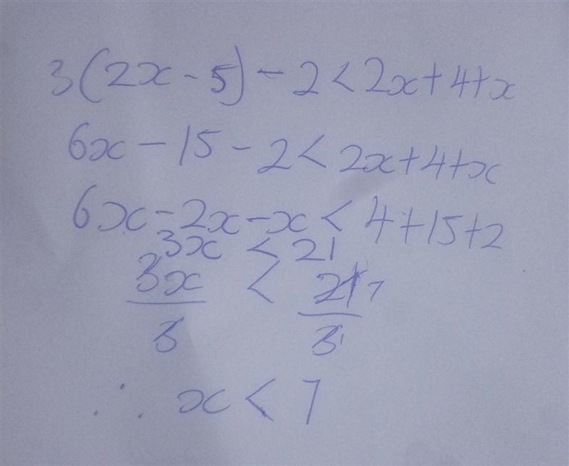 Determine the largest integer value x can have the inequality below. 3(2x - 5) - 2 &lt-example-1