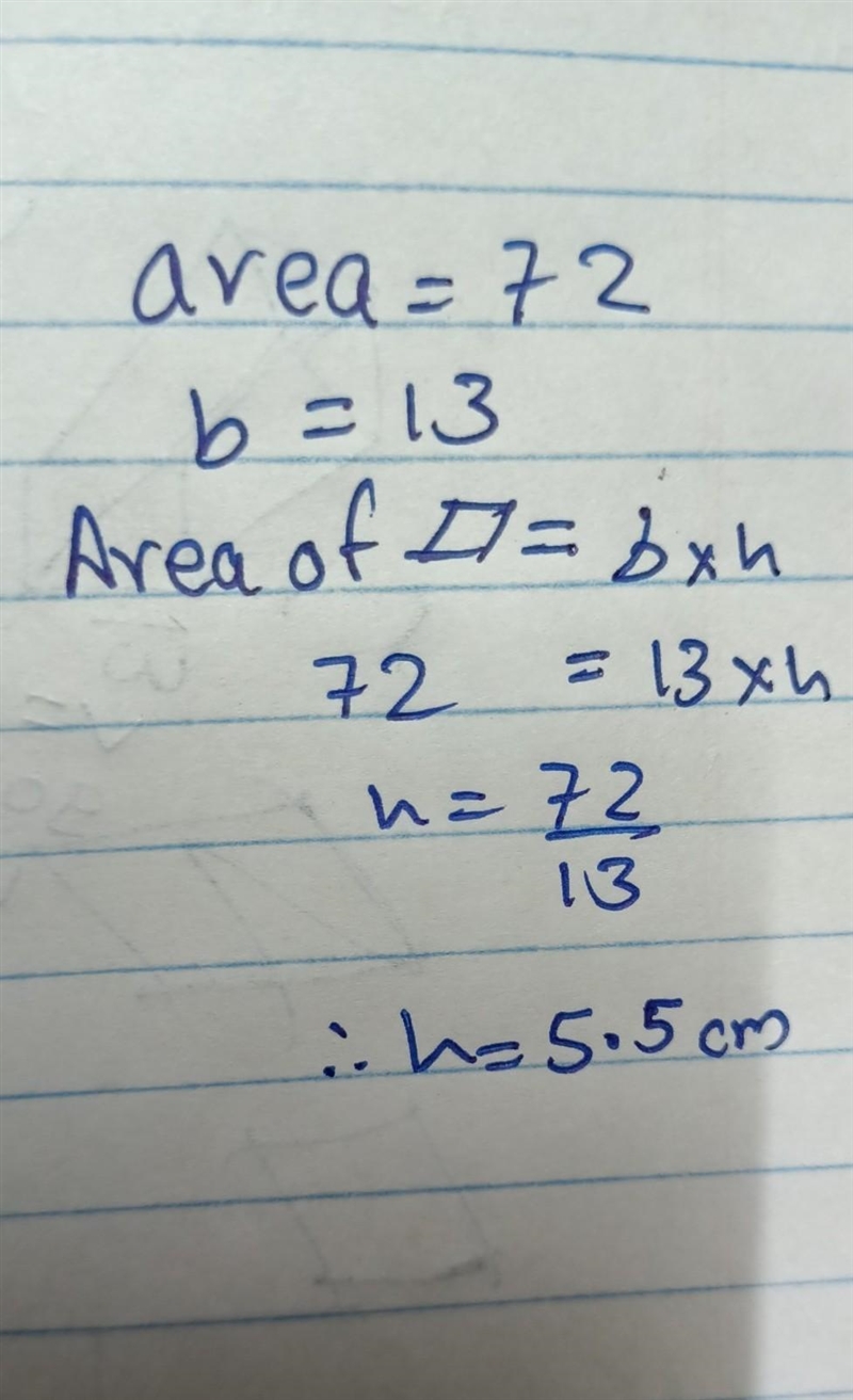 The parallelogram shown below has an area of 72 units?. h 13 Find the missing height-example-1