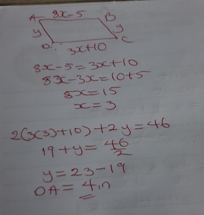 А (8x - 5) in B The perimeter of parallelogram ABCD is 46 inches. What is DA? O 3 in-example-1