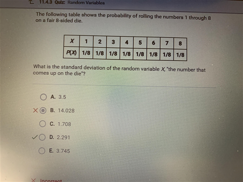 The following table shows the probability of rolling the numbers 1 through 8 on a-example-1