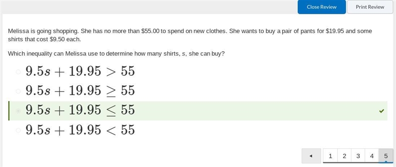 Melissa is going shopping. She has no more than $55.00 to spend on new clothes. She-example-1