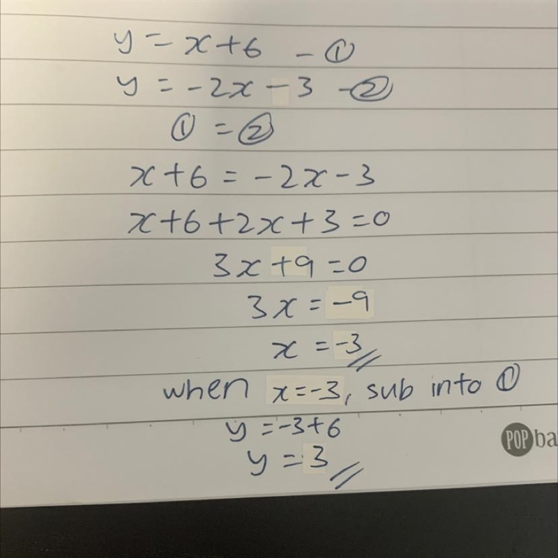 Solve the system of equations using substitution. y = x + 6 y = –2x – 3-example-1