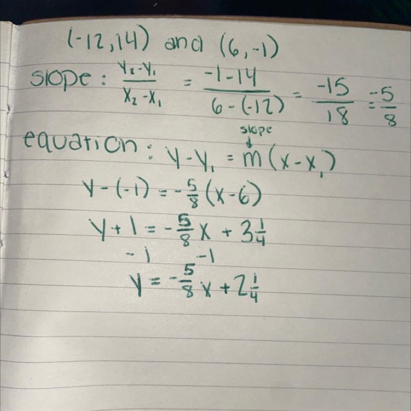 Write the equation of the line with two given points (-12, 14) and (6,-1)-example-1