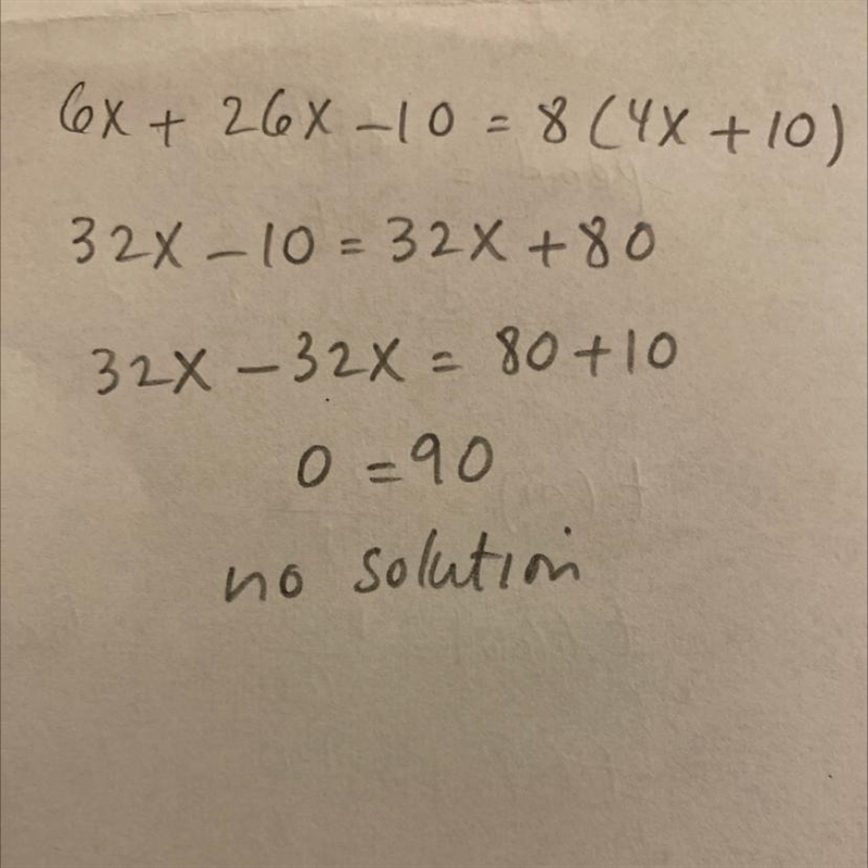 6x + 26x - 10 = 8(4x + 10) how many solutions?-example-1